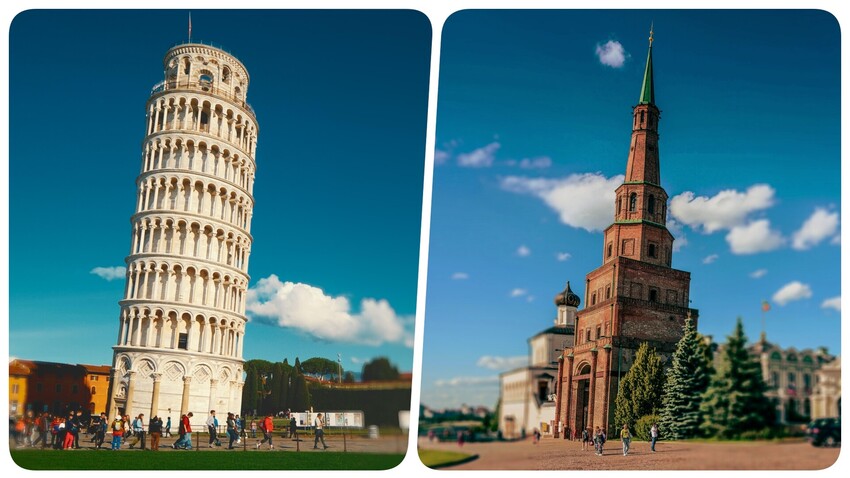 Leaning Tower of Pisa (L); The Söyembikä Tower in Kazan