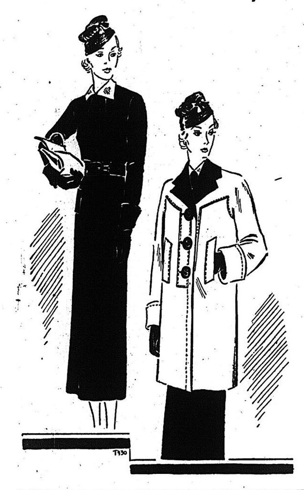 Эскиз платья и пальто, придуманный Эльзой Скиапарелли для советских женщин.