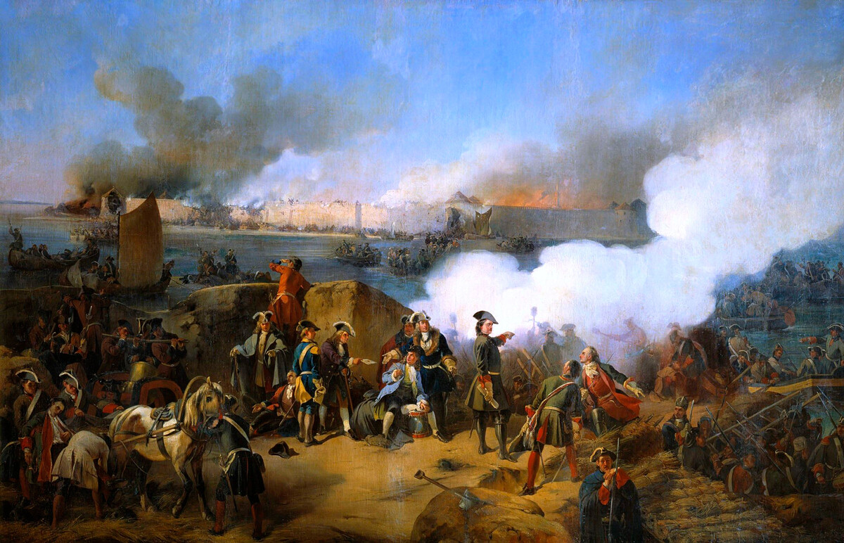Napad ruskih vojakov pod vodstvom Petra I. (v sredini) na švedsko trdnjavo Noteburg oktobra 1702, 1846