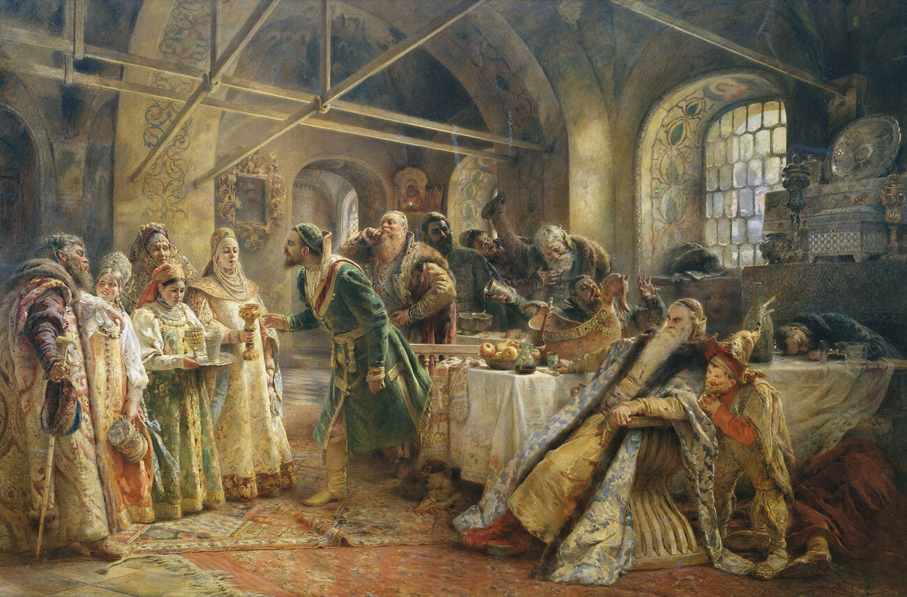 “Il rito del bacio”, dipinto di Konstantin Makovskij (1839-1915). Alla fine di un banchetto, le donne di casa dovevano salutare con un bacio tutti gli ospiti, anche se questi erano già molto ubriachi
