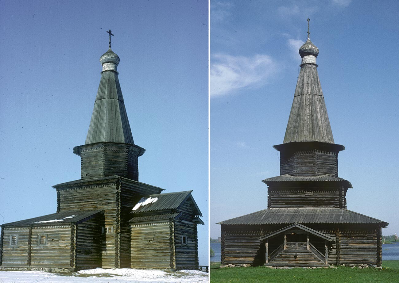 Vitoslavlitsy. Church of the Dormition of the Virgin, from the village of Kuritsko. Southeast (March 14, 1980) and west views (May 19, 1995)