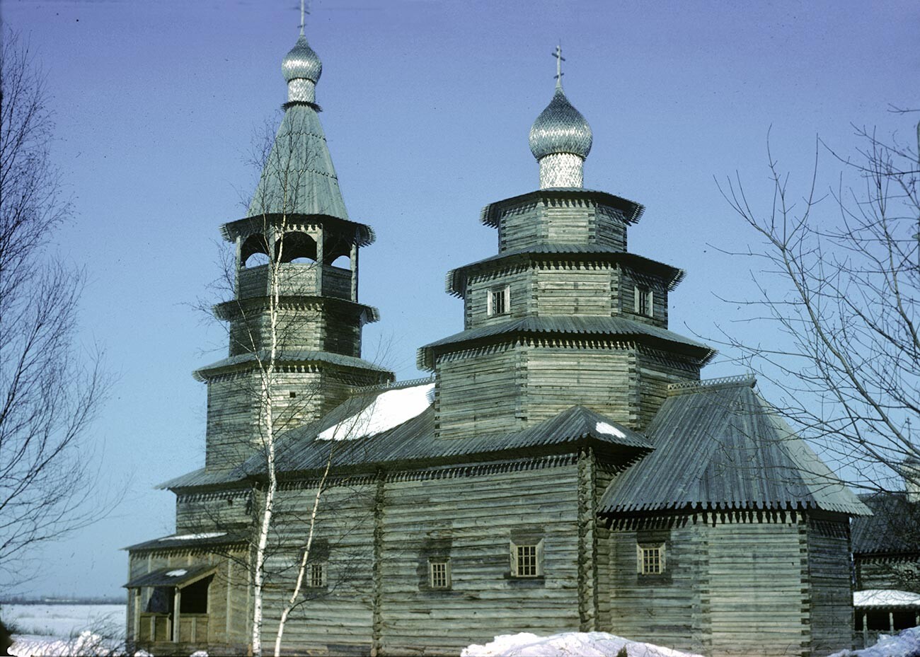 Vitoslavlitsy (Novgorod). Church of St. Nicholas, from the village of Vysoky Ostrov. Southeast view. March 14, 1980