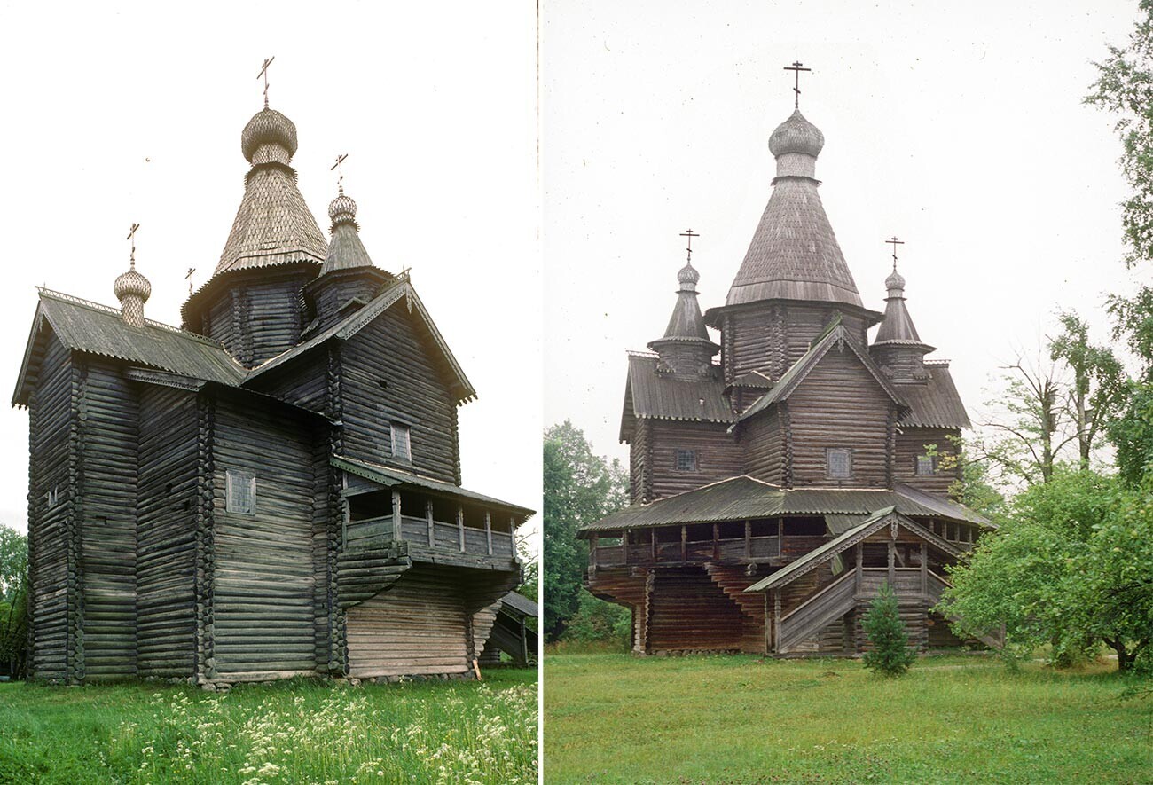 Vitoslávlitsi. Iglesia de la Natividad de la Virgen, desde el pueblo de Peredki. Vista noreste con el ábside (a la izquierda) que contiene el altar mayor (5 de junio de 1993) y la vista oeste (11 de agosto de 1994).