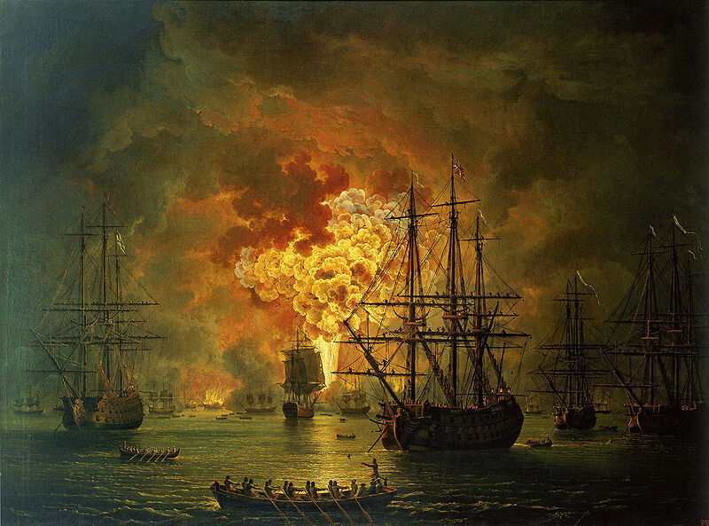 Destrucción de la flota turca en la bahía de Chesme. Cuadro de Jacob Philipp Hackert, 1771