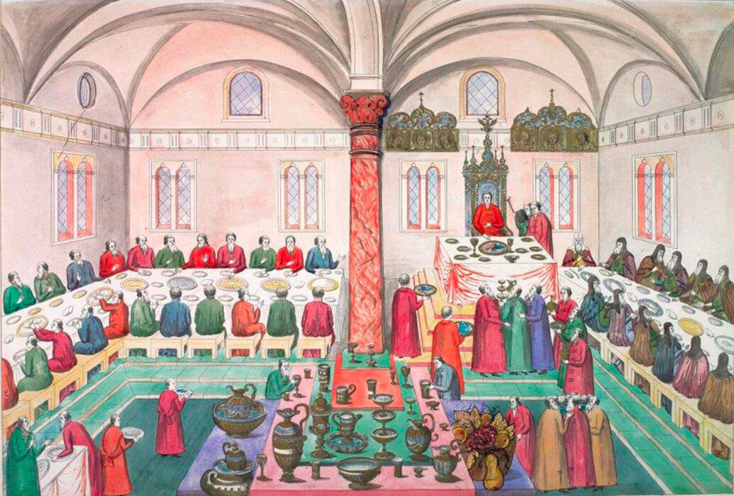 Das Festmahl im Palast der Facetten, eine Zeichnung aus dem 16. Jahrhundert.