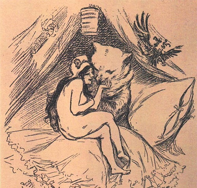 Caricatura política de Adolphe Willette publicada18 de diciembre de 1893 en el periódico ‘Soleil’ en la que se representa la Alianza Franco-Rusa. Marianne de Francia y el Oso Ruso se abrazan en la cama. “Si te devuelvo tu amor, ¿tendré tu abrigo para el invierno?”