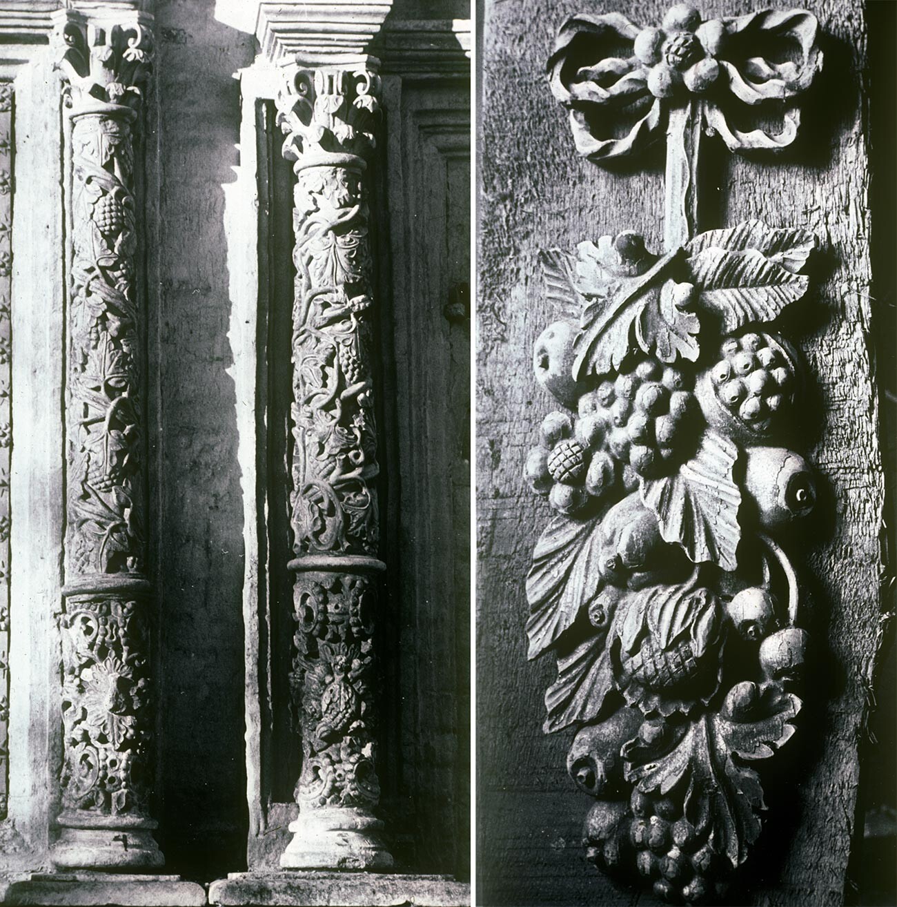 Troitse-Lykovo. Church of the Trinity. 
Left: South facade, limestone columns carved in grapevine motif. September 29, 1979
Right: Interior. Rare fragment of original carved wooden ornament in grapevine motif symbolizing the Eucharist. May 2, 1980.
