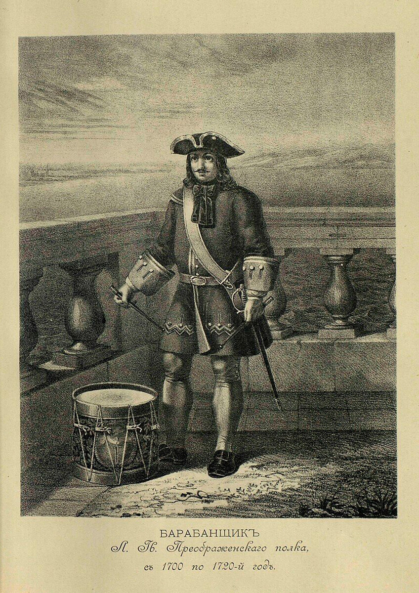 Seragam drummer di resimen Preobrazhensky, 1700-1720