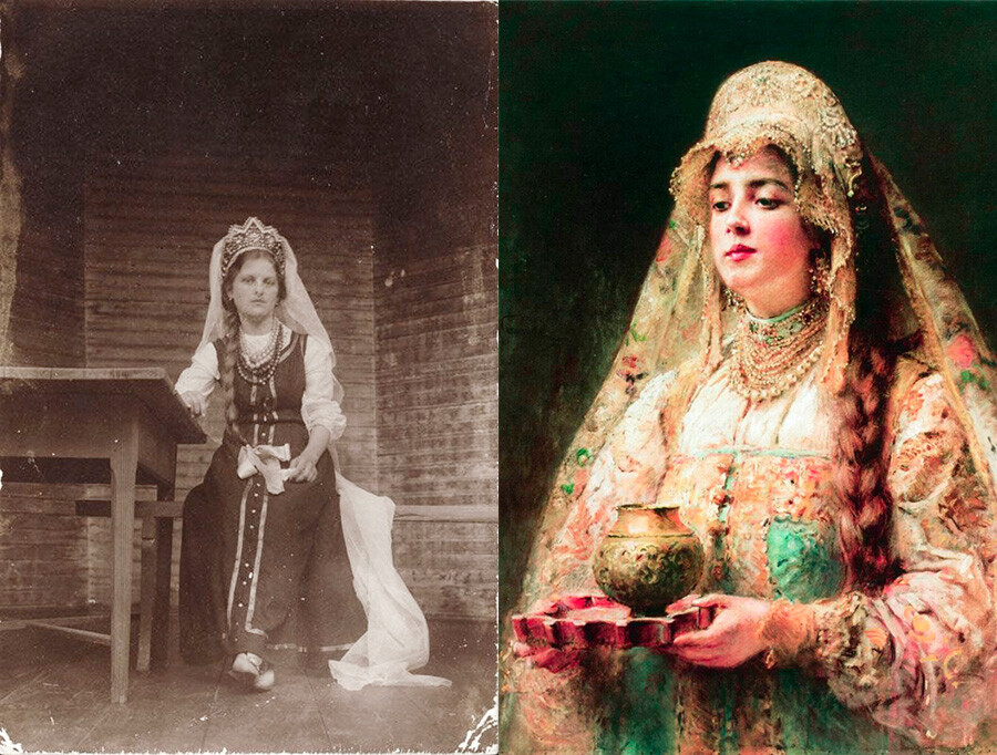 À gauche: femme en sarafan russe et kokochnik, à droite: tableau 
