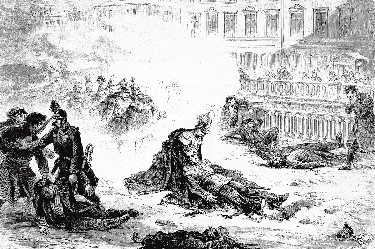 The assassination of Alexander II, drawing by G. Broling, 1881.