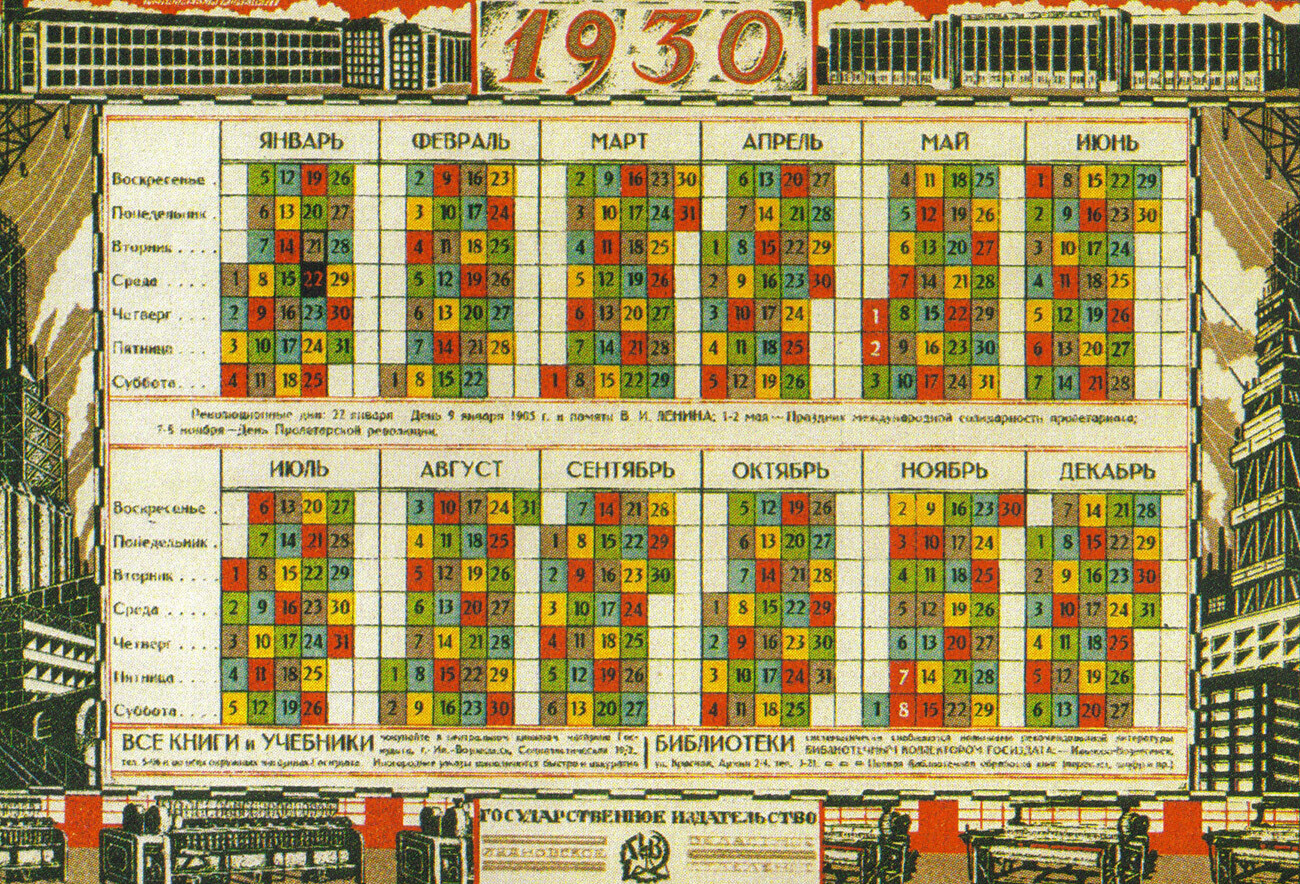 Un calendrier soviétique de 1930 avec des « semaines de production continue » de 5 jours