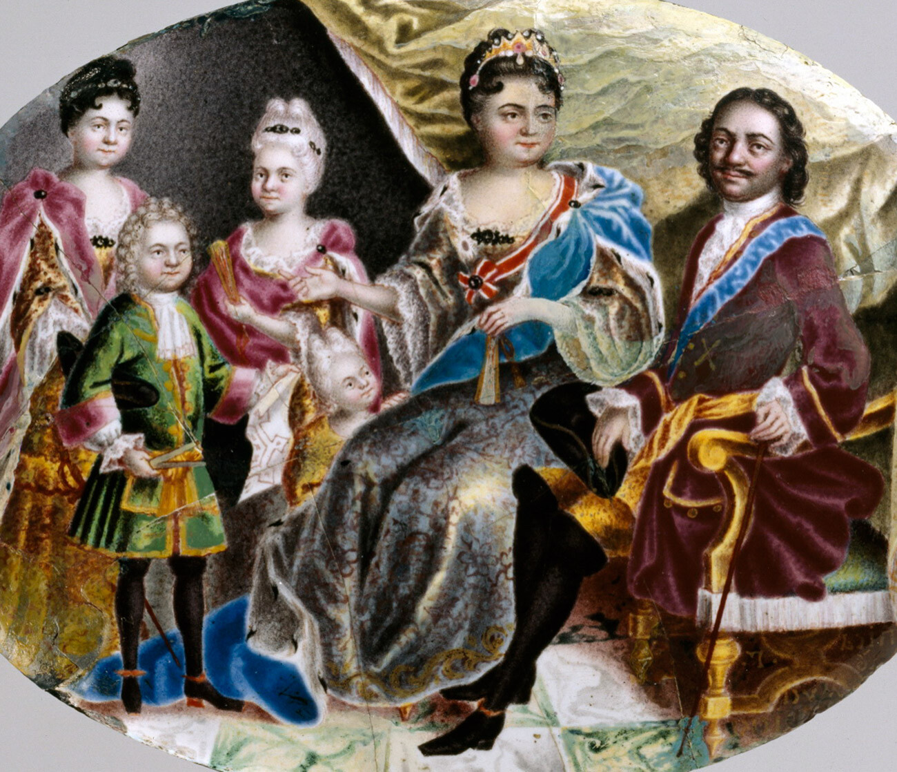 Peter the Great (right) depicted together with his wife Catherine, his three daughters Anna, Elizabeth, and Natalia, and his grandson Peter