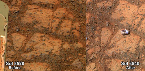 El misterioso “objeto alienígena” que encontró la MSL Curiosity en su periplo por Marte en 2014 y que luego resultó ser una piedra que el propio robot había arrastrado con sus ruedas cuando maniobraba.