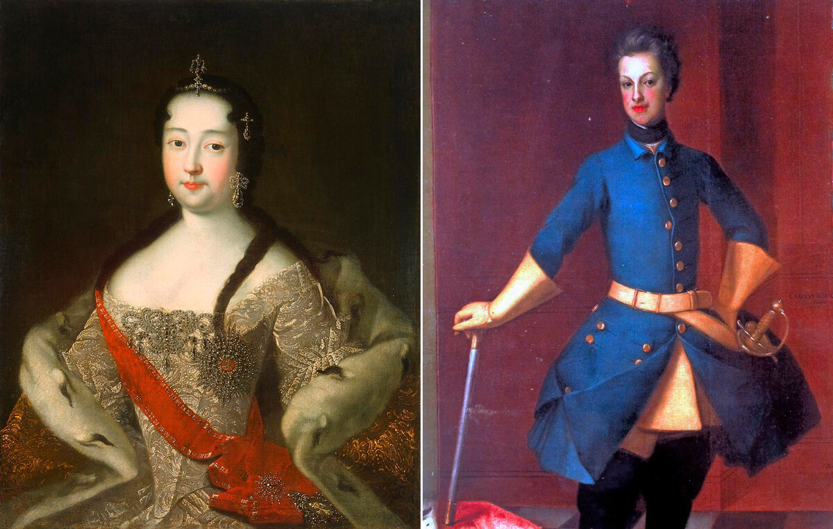 大帝の娘アンナ・ペトローヴナ（皇帝ピョートル3世の母）、1721年; スウェーデン王カール 12 世の甥、カール・フリードリヒ（皇帝ピョートル3世の父）、1720年代
