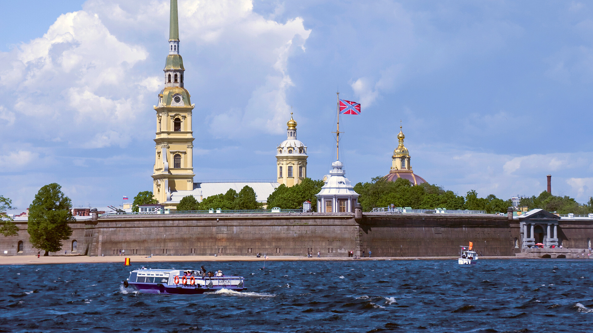 St. Petersburg. Peter-Paul Fortress with Cathedral of Sts. Peter & Paul, south view with Commandant's Gate at Nevsky Pier (right). June 5, 2015