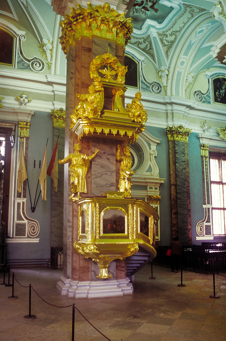 Cathedral of Sts. Peter & Paul. North wall, with pulpit. July 7, 1995