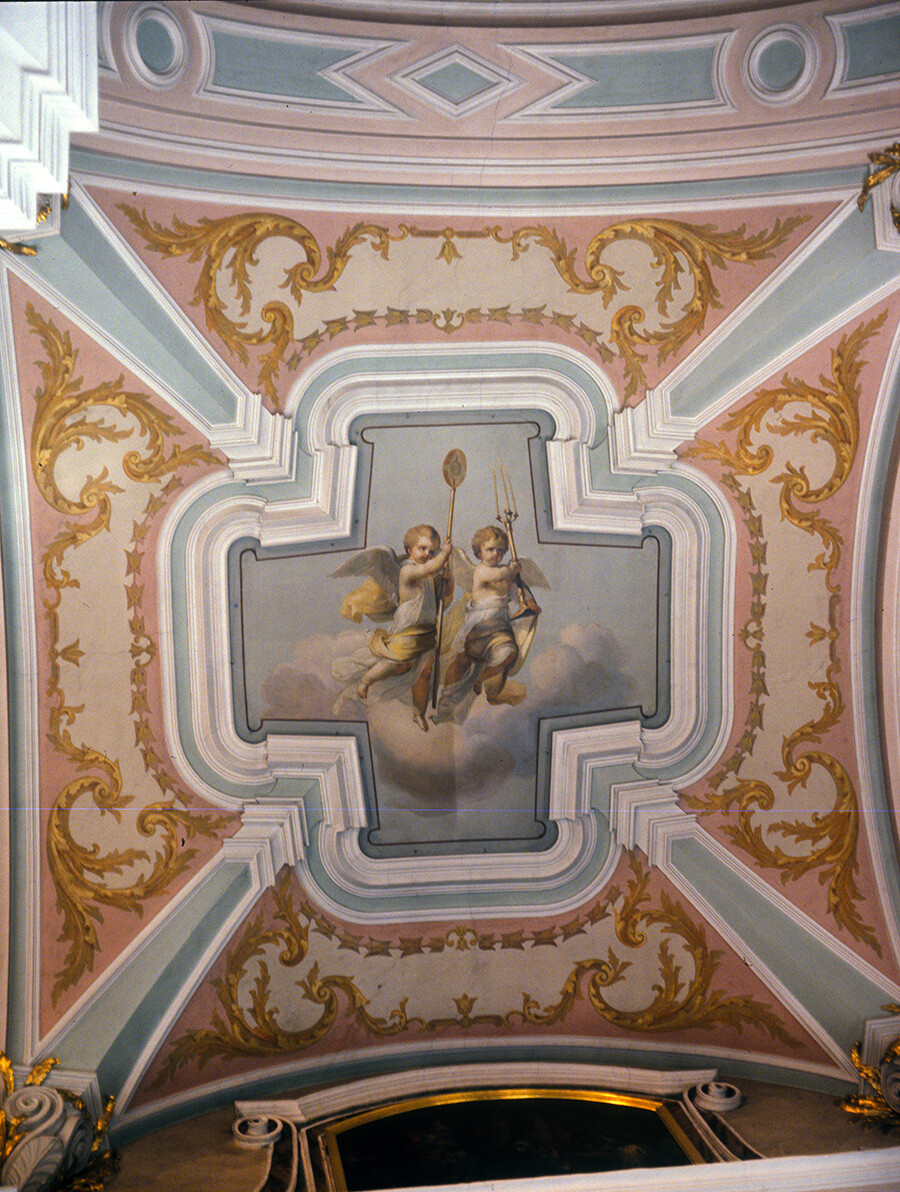 Cathedral of Sts. Peter & Paul. Cherubs on ceiling vault over side aisle. April 9, 1984