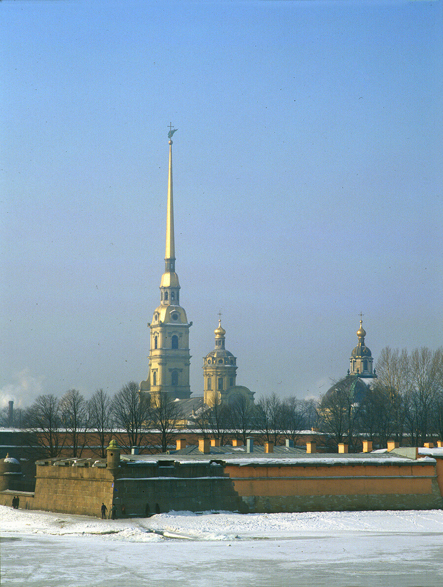 Peter-Paul Fortress with Bastion of Peter I in foreground. Cathedral of Sts. Peter & Paul, southeast view. Right: Grand Ducal Burial Vault. March 9, 1980