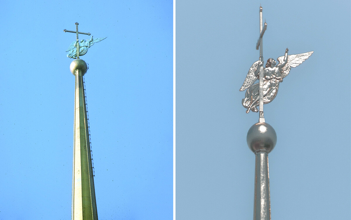 Cathedral of Sts. Peter & Paul. Left: Spire with angel weathervane showing verdigris on surface. March 9, 1980. Right: 
Spire with newly gilded angel weathervane. June 7, 2015