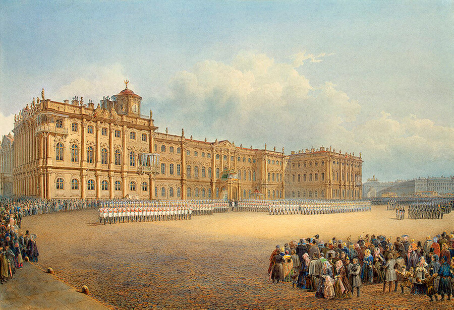 Pogled na Zimski dvorec z Admiralitete. Menjava straže, 1830
