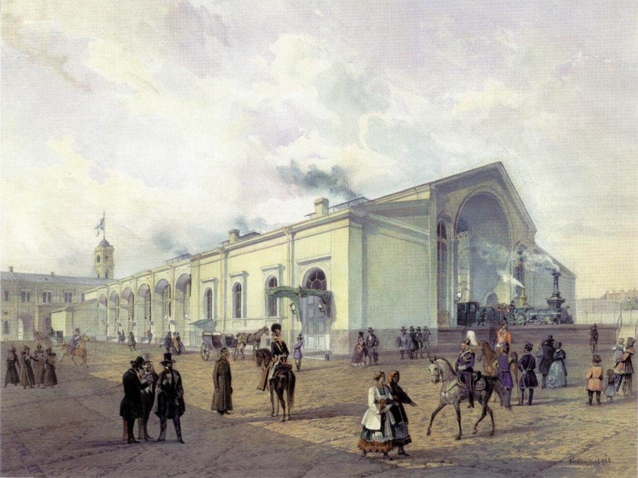 Aquarell von August Petzolt. Es stellt den Entlader des St. Petersburger Nikolajewski-Bahnhofs der Peterburgo-Moskau-Eisenbahn dar.