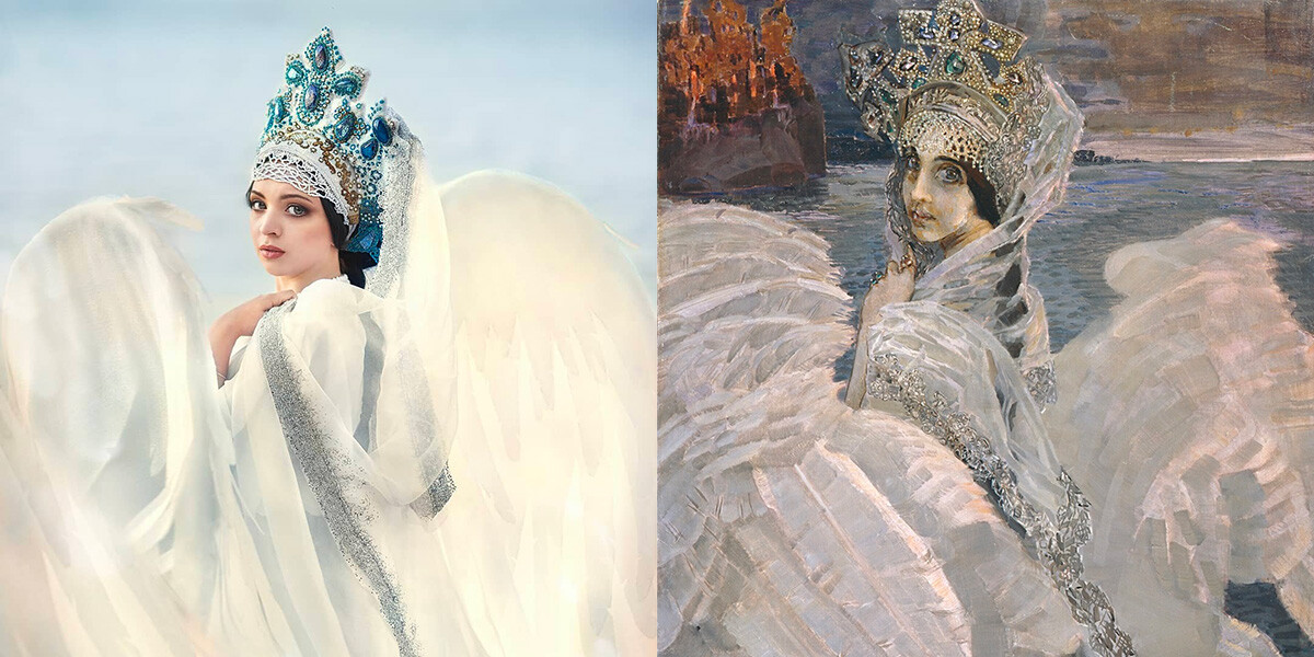 Kokoshnik “Putri Angsa” (kiri); Lukisan Mikhail Vrubel dengan judul yang sama (kanan).
