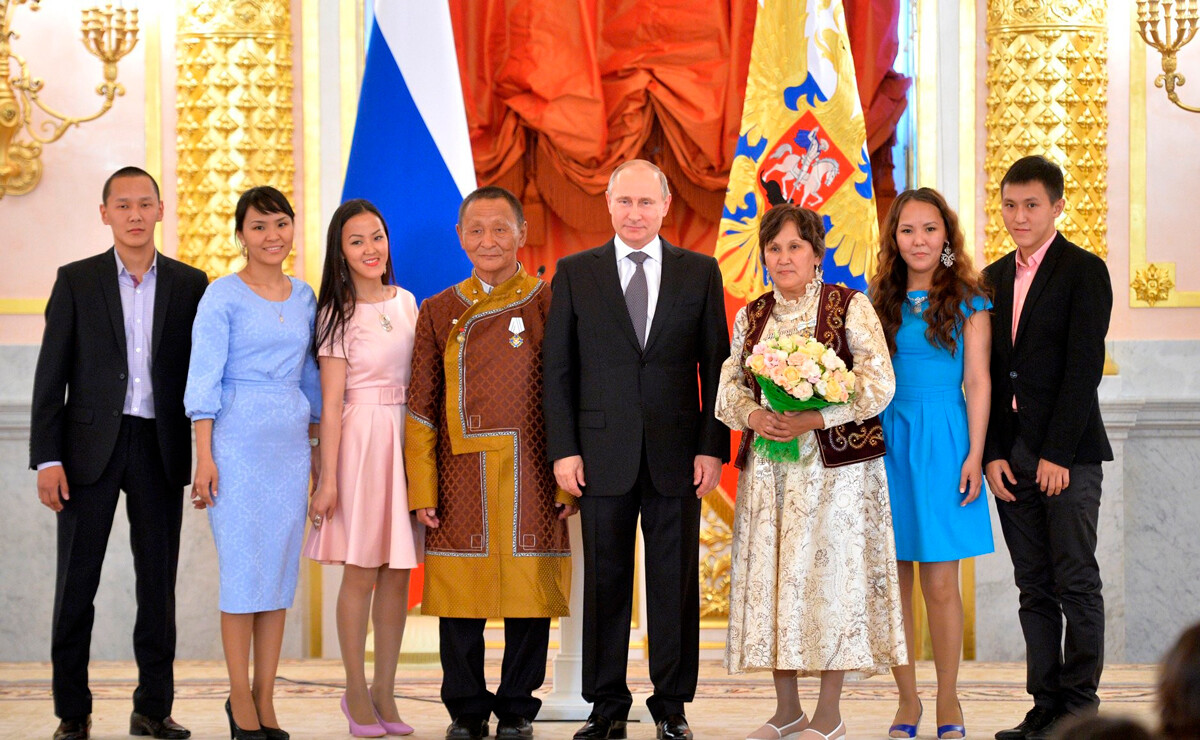 Recipients of the 'Order of Parental Glory' Larisa and Arkhip Gorokhov with their children