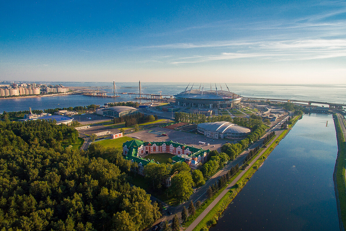 Huge Zenit Arena and other stadiums at the Krestovsky Island