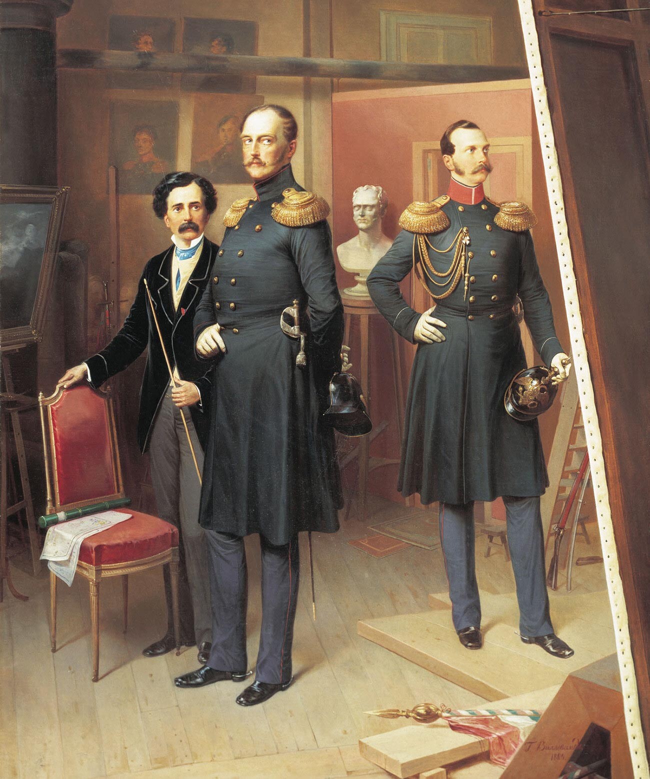 Nicola I e suo figlio, il Gran Principe Alessandro Nikolaevich, in uno studio di artisti, 1854. Di Bogdan Villevalde (1884)