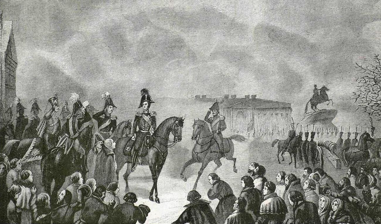 L'imperatore Nicola I sulla piazza del Senato a San Pietroburgo durante la rivolta dei Decabristi, 14 dicembre 1825