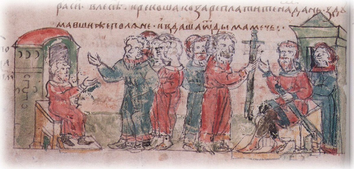 Die Forderung der Chasaren nach Tribut von den Poloniern; die Entscheidung der Polonier, mit dem Schwert aus dem Rauch zu bezahlen.