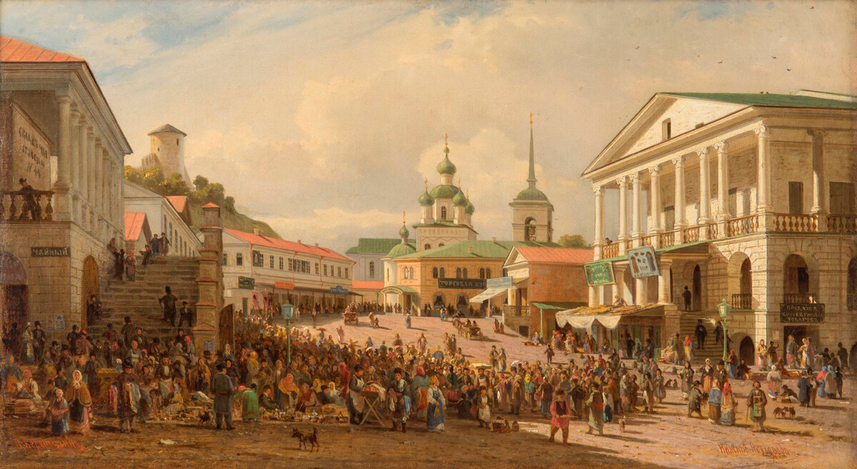 Pjotr Wereschtschagin. Unterer Markt in Nischnij Nowgorod, 1860er Jahre.