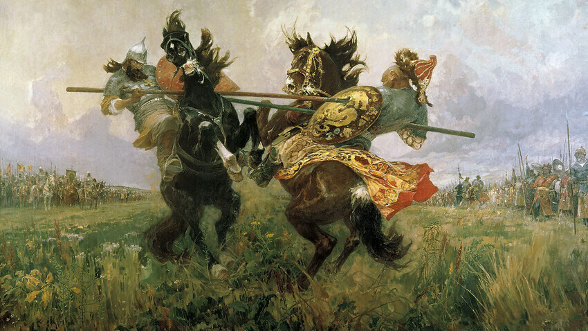 Peresvet melawan Chelubey dalam Pertempuran Kulikovo, oleh Mikhail Avilov