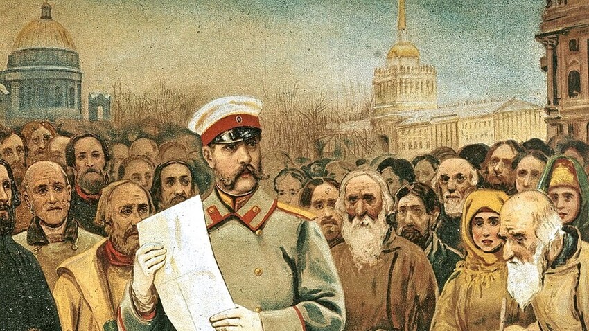 "El zar Alejandro II leyendo el acta de emancipación de los siervos en 1861", litografía, siglo XIX.