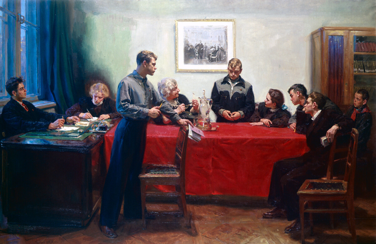 Sergej Grigorjev. Razprava o slabi oceni, 1950, iz zbirke Državne Tretjakovske galerije.