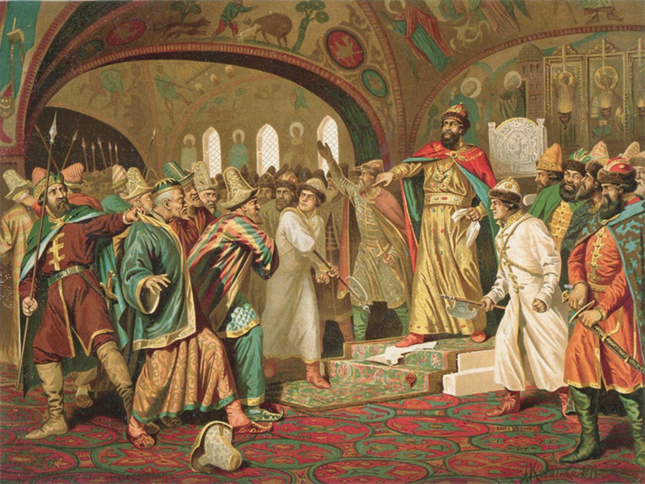 Il granduca di Mosca Ivan III fa a pezzi la lettera del khan che chiedeva i tributi