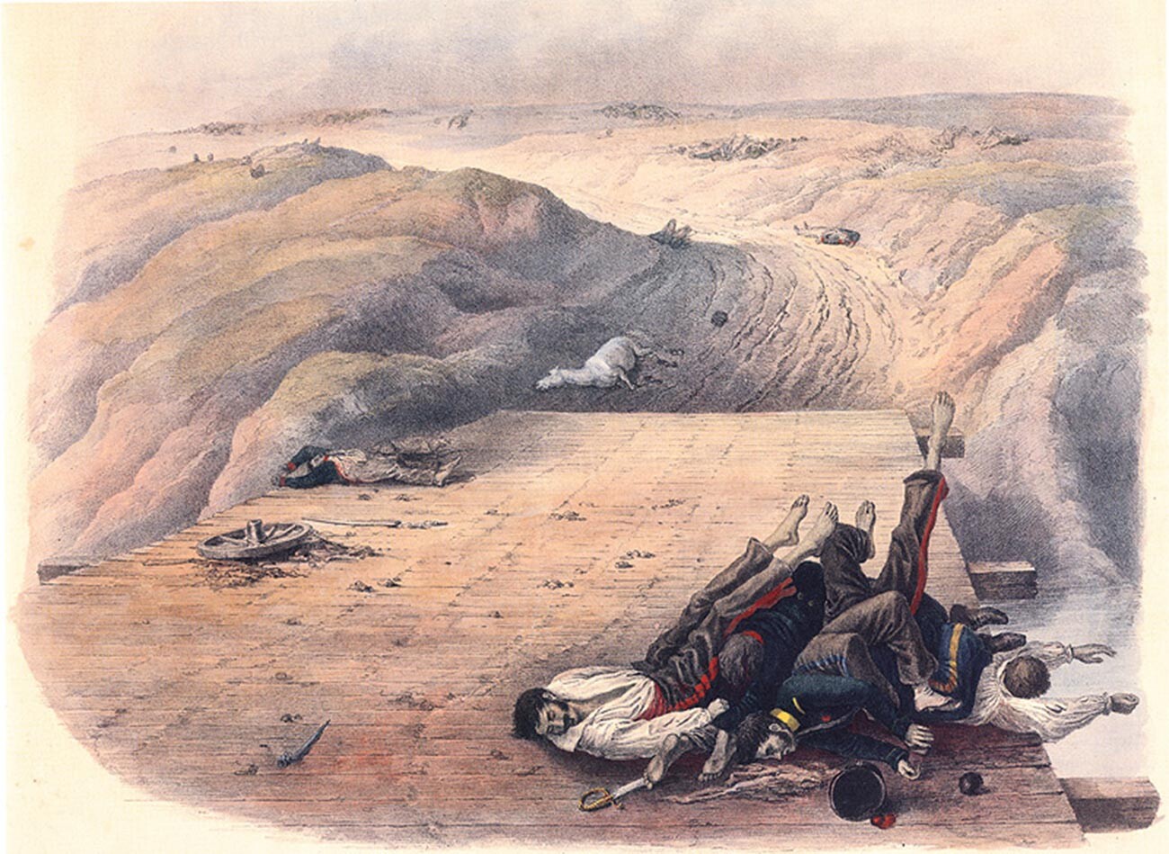 I cadaveri dei soldati della Grande Armata di Napoleone lasciati sul ponte sul fiume Kolocha dopo la battaglia di Borodino
