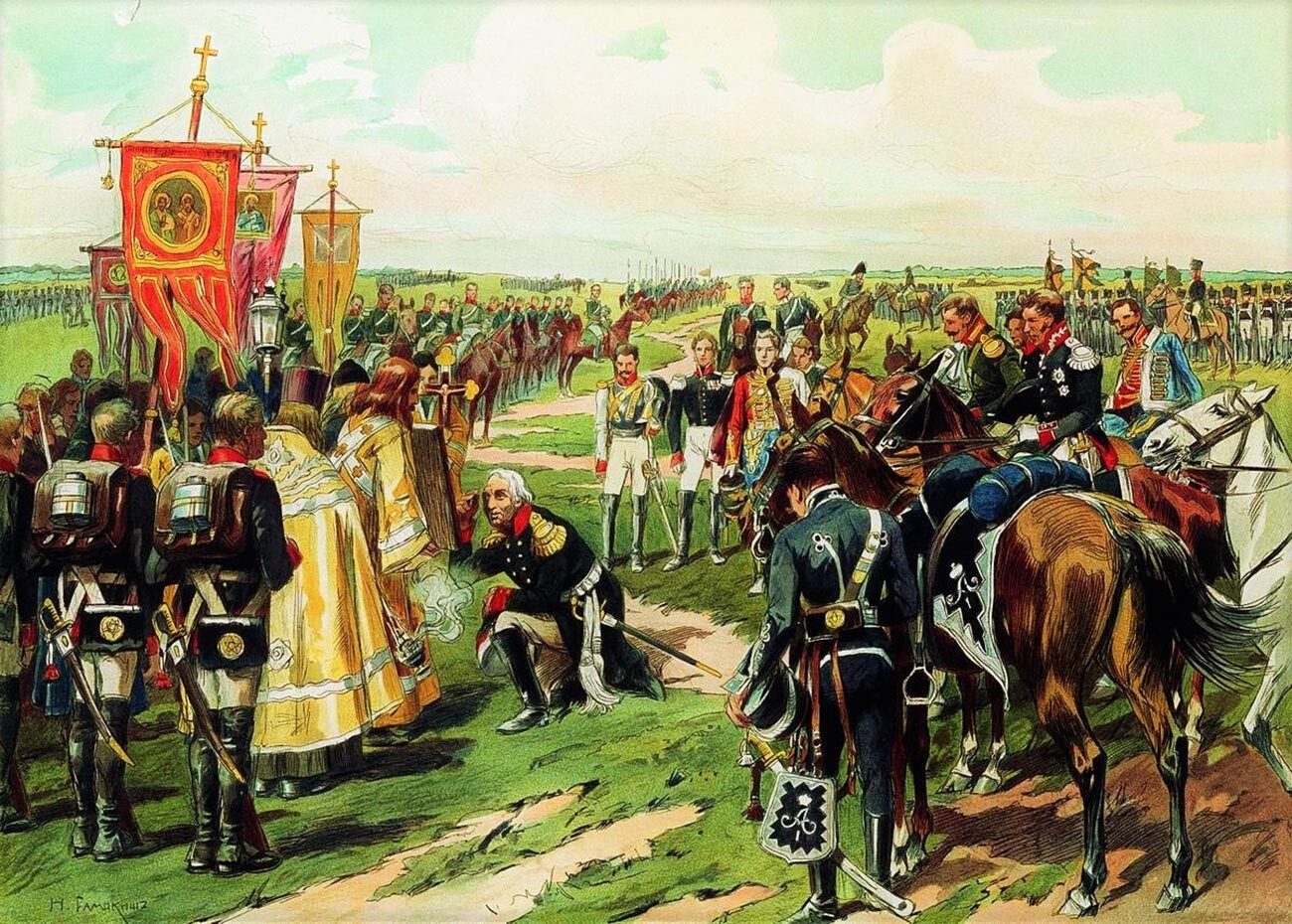 Kutuzov pred bitko pri Borodinu (pregled vojakov 25. avgusta 1812), barvna litografija po izvirni risbi

