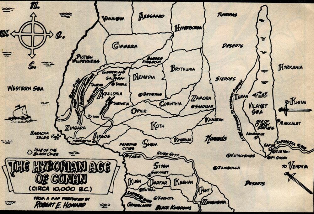 Ilustracija Hyborijske dobe temelji predvsem na zemljevidu, ki ga je marca 1932 ročno narisal Robert E. Howard
