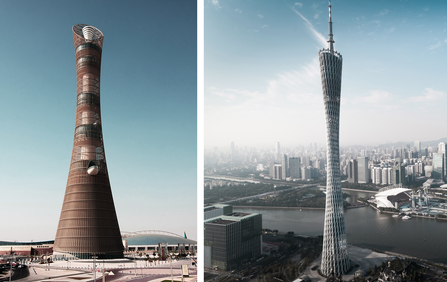 La torre Aspire en Doha (iz), La torre de televisión de Guangzhou
