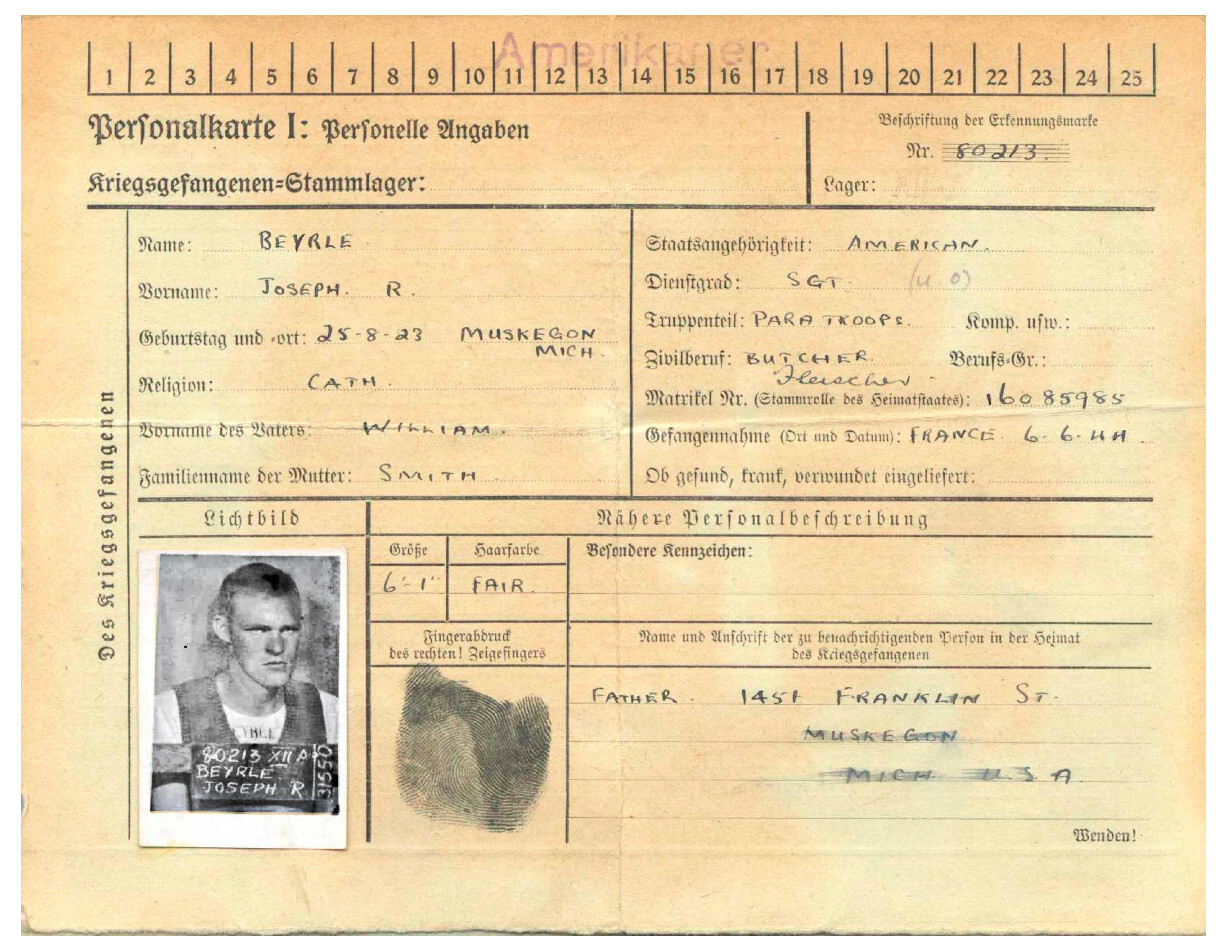 El registro alemán con los datos de Beyrle como prisionero de guerra.