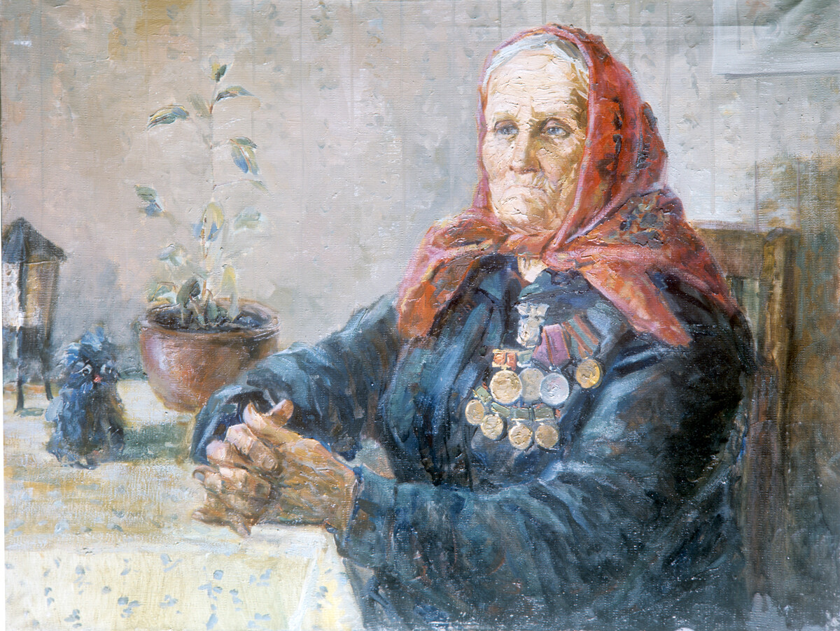 Riproduzione del dipinto “Madre-eroina” del pittore contadino P. Elichegirov
