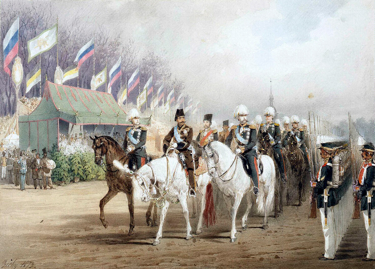 Alexander II and Shah Nasr ad-Din during a parade in the Tsaritsyny Meadow. 1873, M. Zichi.