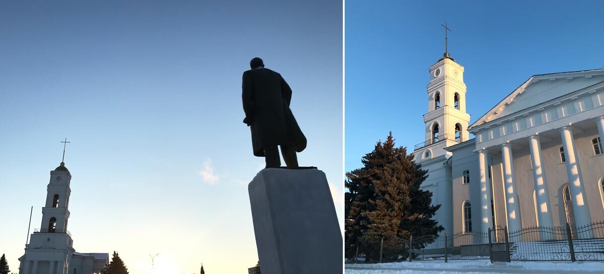 Gereja Lutheran di pusat Kota Marx dan monumen Vladimir Lenin