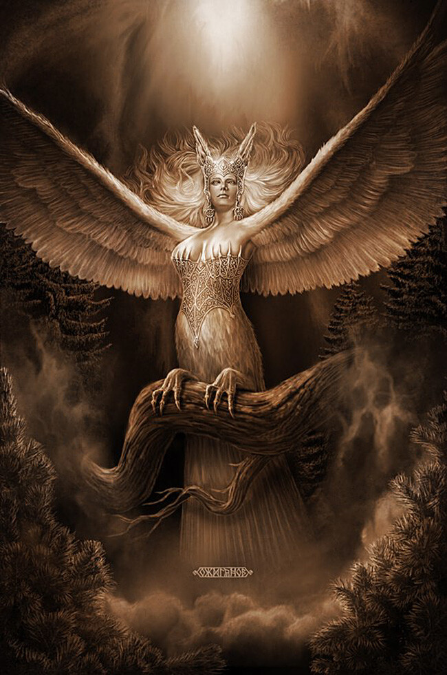 El Sirin. Una criatura mitológica de las leyendas rusas, con la cabeza y el pecho de una mujer hermosa y el cuerpo de un ave. 