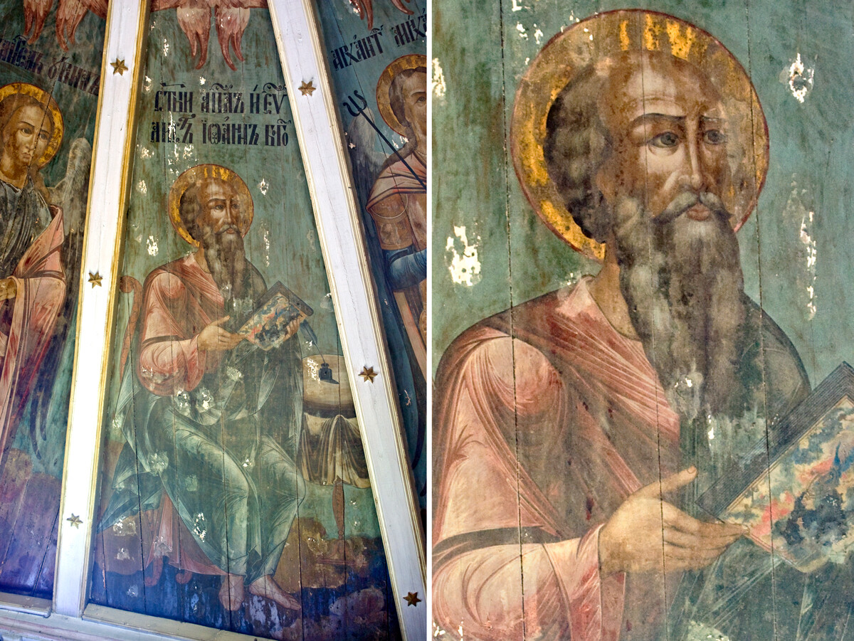 Church of the Epiphany. Left: Segment of painted ceiling: Archangels Uriel & Michael with St. John (center). Right: Painted ceiling detail: St. John. August 14, 2014