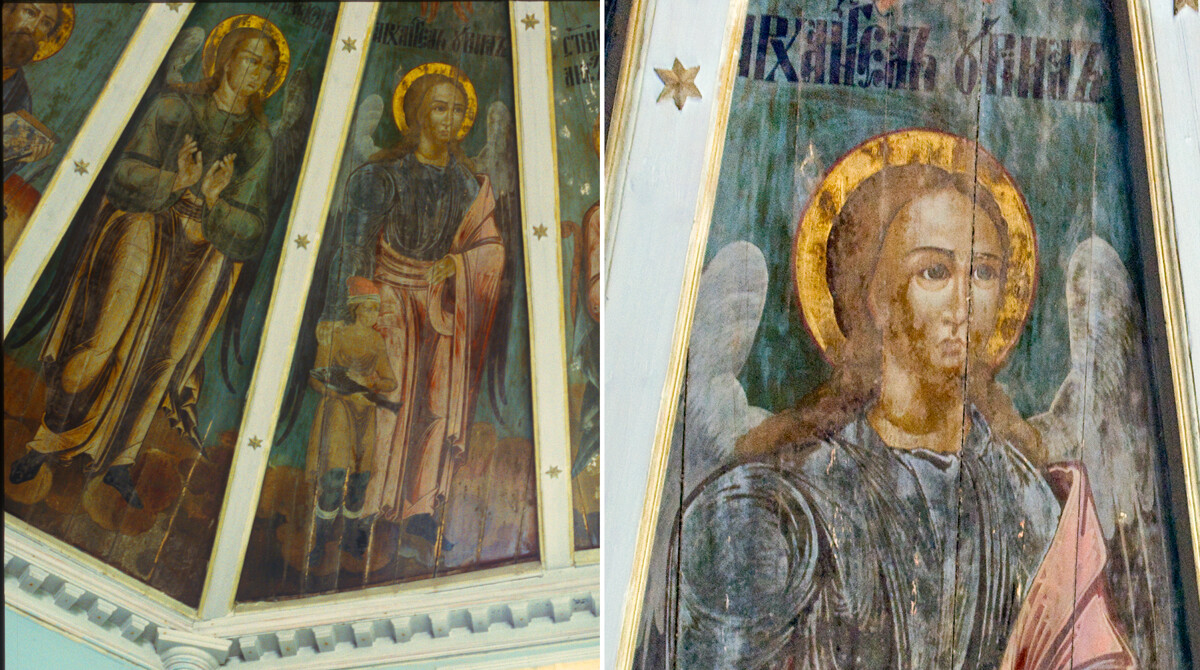 Church of the Epiphany. Left: Segment of painted ceiling: Archangels Selaphiel & Uriel with the boy Tobias. June 18, 1998. Right: Painted ceiling detail: Archangel Uriel. August 14, 2014