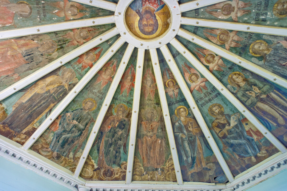 Church of the Epiphany. West part of painted ceiling (nebo). From left: St. Matthew, Archangels Raphael, Jegudiel, St. Luke, Michael, Selaphiel, Barachiel, St. Mark, Selaphiel, Uriel, St. John. August 14, 2014