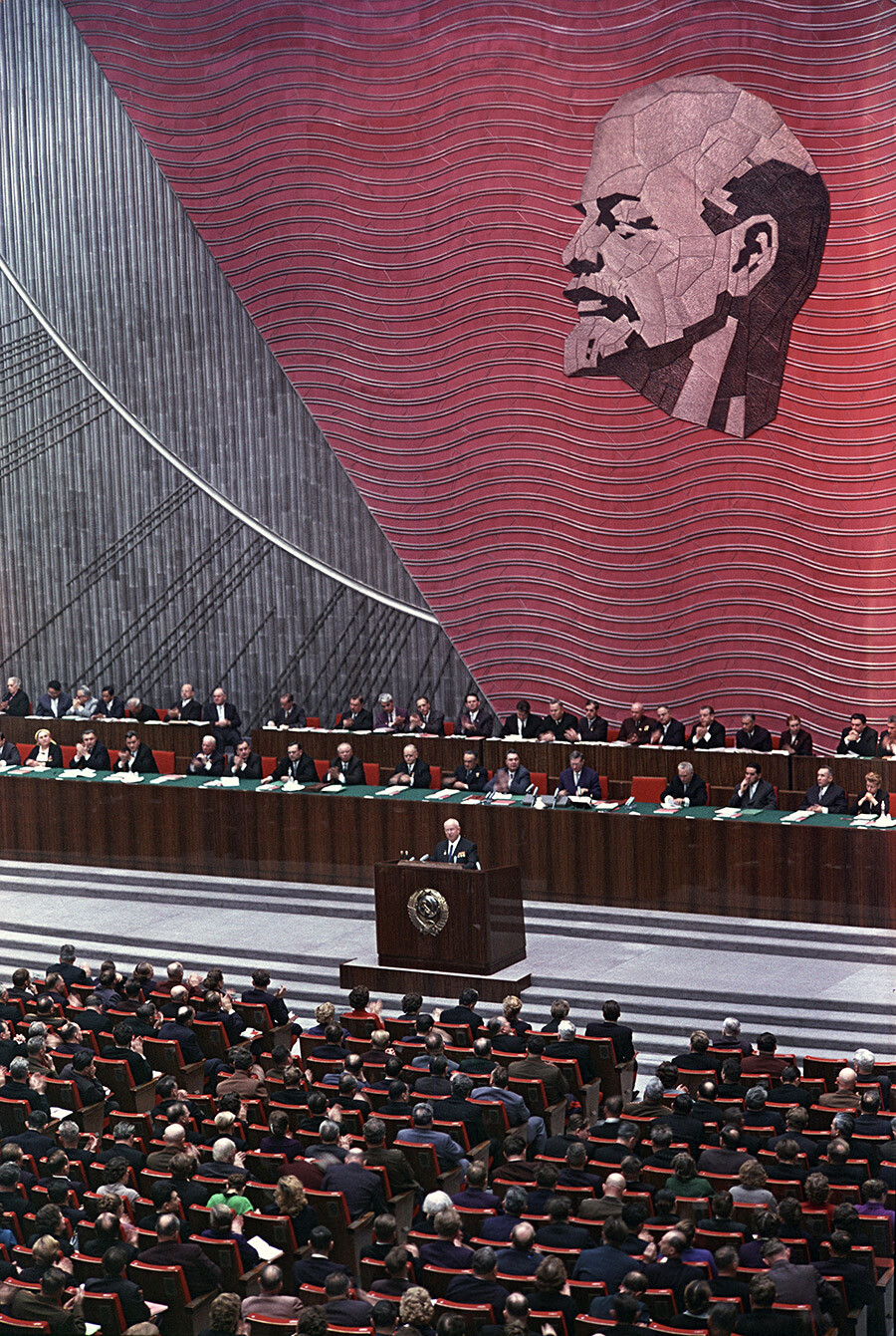 The XXII Congress of the Communist Party of the Soviet Union, 1961. Nikita Khrushchev is at the rostrum.