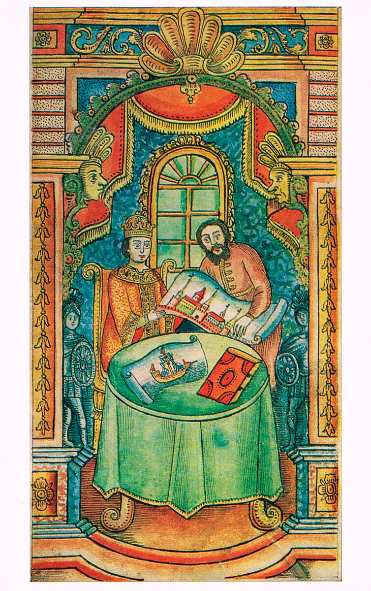 Nikita Zotov teaches Peter I various studies. Miniature from the History of Peter the Great by P. Krekshin.